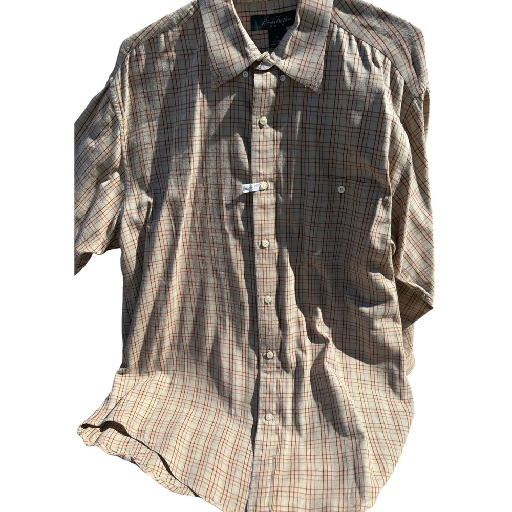 Brooks Brothers Golf Mens XL Button Down Shirt Tan Plaid 100% Cotton Long Sleeve